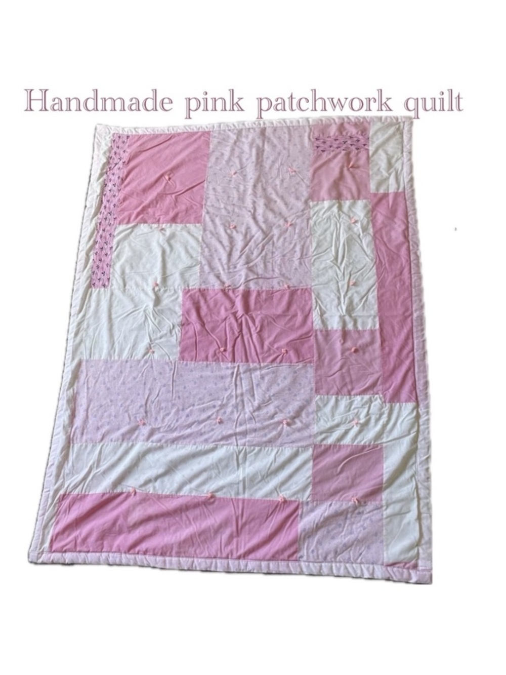 Handmade pink white kittens kitty cat flowers hearts patchwork quilt 72” x 53”